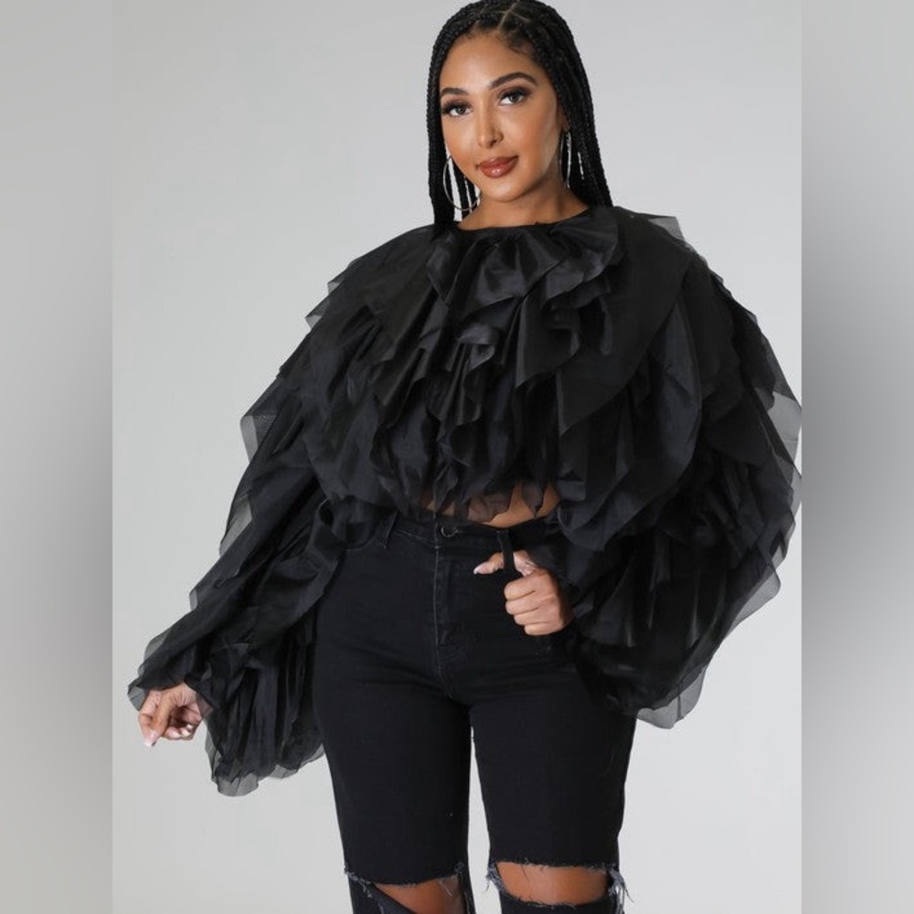 Women’s Plus Size Long Sleeve Black Ruffle Tulle Crop Top Blouse